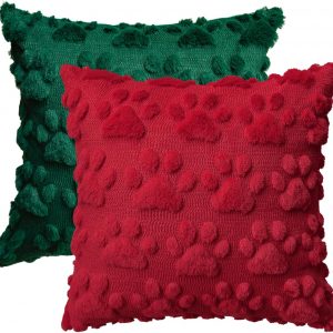 AVOIN colorlife Christmas Pet Dog Paws Throw Pillow Covers, 18 x 18 Inch Red Green Xmas Soft Plush Faux Fur Jacquard Cushion Case Farmhouse Decoration for Sofa Couch Set of 2