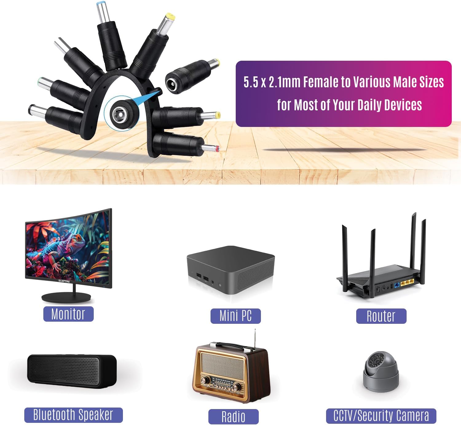 Kado Power Adapter 12V-2A 1.5A 1.25A 1A AC/DC Power Cord 5.5x2.1mm with 8 Tips Made for Sceptre Monitor, Echo Smart Speaker & Display, Webcam, Router, Mini PC, Projector, CCTV, Bluetooth Speaker - Image 6