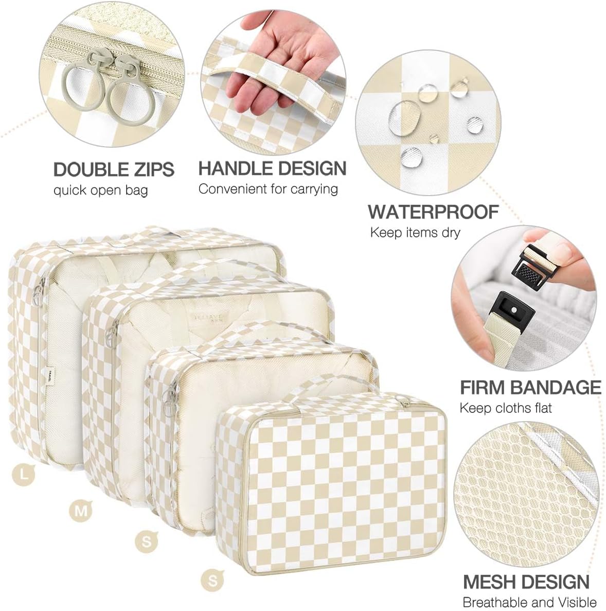 8 Set Packing Cubes for Suitcases,Packing Cube with Shoe, Cosmetics, Clothing, and Accessories Bags Packing Cubes for Travel Luggage Organizer Women Men(Khaki Checkered) - Image 3