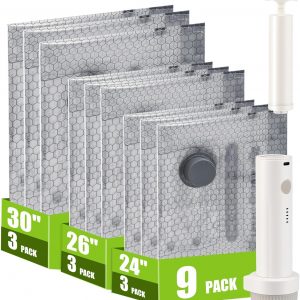 Travel Vacuum Storage Bags for Clothing with Rechargeable Air & Hand Pump, 9 Pack Portable Space Saver Bags, Compression Packing Seal for Luggage and Suitcase, Blankets, Seasonal Storage