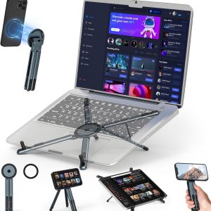 Portable Laptop Stand Travel, 3-in-1 Desk Tablet Mount Computer Holder Magnetic Phone Holder Tripod, for 10–15.6″ Laptops and 4–13″ Tablets/Phones, Compact Foldable Metal, 8-Level Height Adjustment