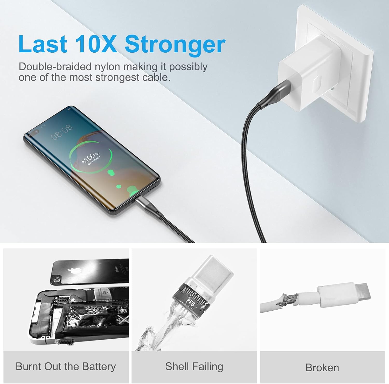 USB to USB C Cable,3Pack 10ft Premium Nylon Braided Fast Charging,3A Rapid Charger Cord,Long Type C to A Cable Compatible with Samsung Galaxy S22 S21 S20 S10 S9 S8 Plus,Note 20 10 9 8,LG V50 V40 - Image 8