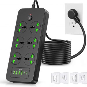 Flat Plug Extension Cord, Universal Power Strip with 6 Outlets 4 USB 2 USB C Ports, 3.1A Fast Charge，Overload Protection, 3000w, 110-240v, Plug Adapter for Home Office Overseas Travel Essentials
