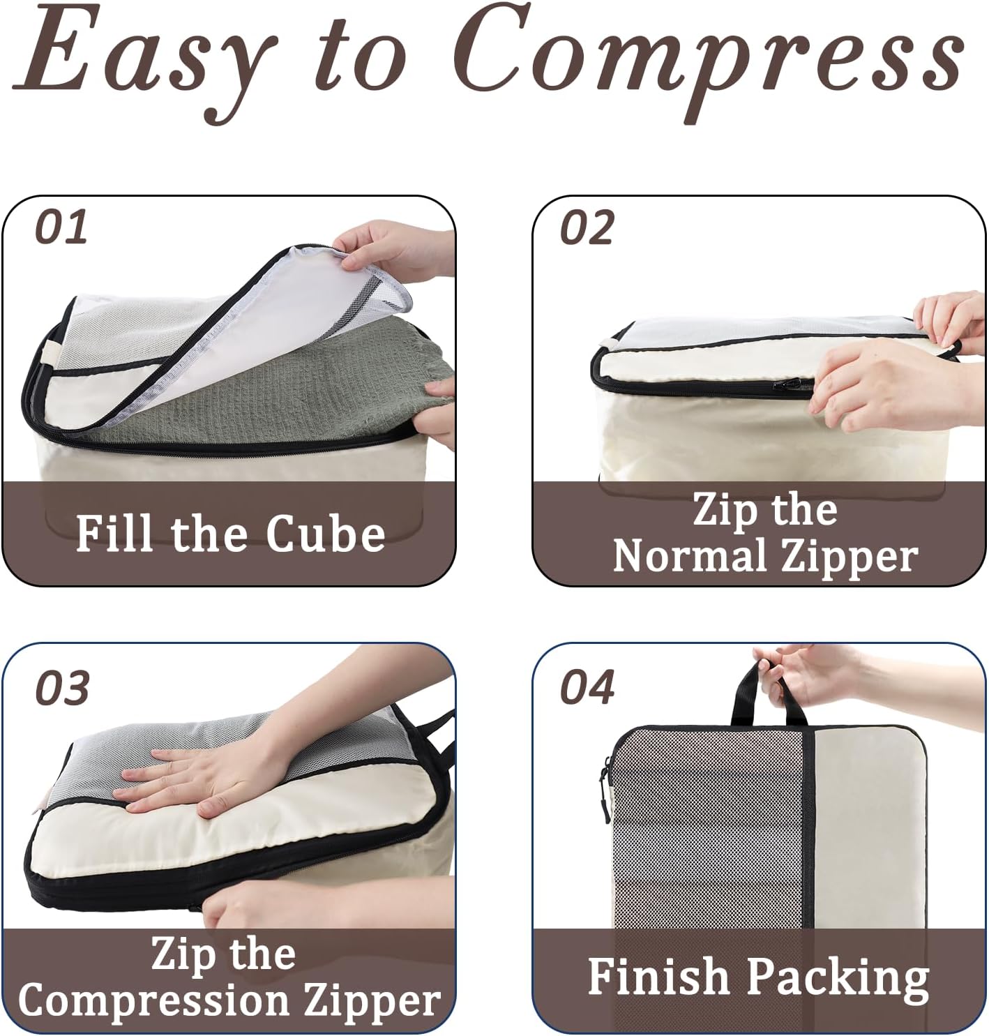 U+U 10 Set Compression Packing Cubes - Ultralight Cream Travel Organizers with Laundry Bag, Space-Saving Suitcase Organizer, Expandable Packing Cubes for Travel and Family Vacation (Cream) - Image 7