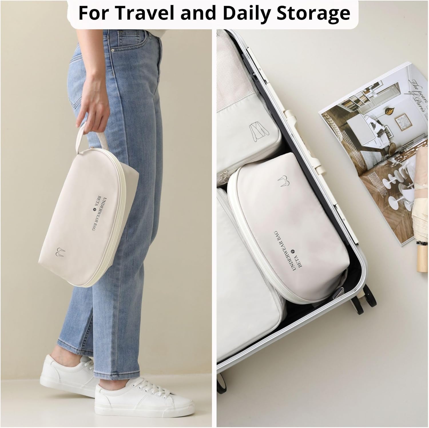 tianzong Travel Underwear Packing Cube for Women, Portable Luggage Organizer Bag, Multi-compartment Versatile Storage Bag for Suitcase (1 Pack, XL Beige) - Image 7