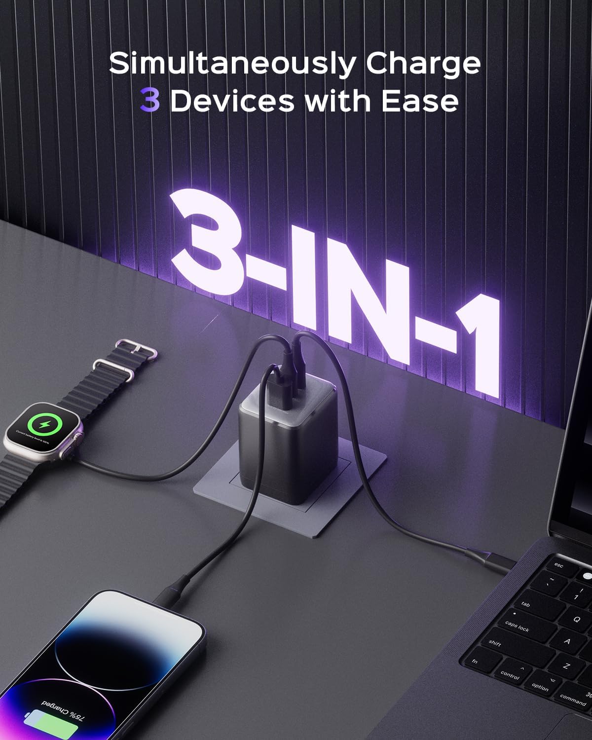 100W USB C Charger Block, 3-Port Compact Foldable Power Adapter USB Wall Charger for MacBook Pro/Air, Dell XPS, iPad Pro, iPhone Series, Galaxy S25/S24, and More (Black) - Image 3