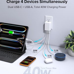 2Pack Flat USB C Wall Charger,40W 4Ports Foldable & Slim Fast Charging Block,Type C Cube Box Multiport Power Adapter Plug Brick Compatible with iPhone 17/16/15/14,Samsung,Pixel, AirPods4,Watch10