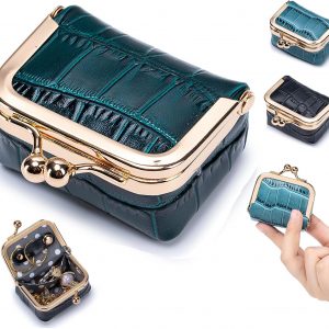 Genuine Cow Leather Mini Jewelry Box & Coin Purse for Women, Travel Jewelry Case with Kiss Lock, Holds Earrings, Rings, Necklace, Bracelet, Coins (Green Crocdile Pattern)
