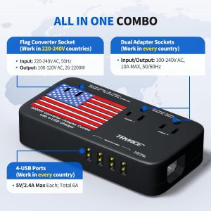 TryAce 2200W Exclusive Voltage Converter, 10A Travel Adapter with 4-Port USB,Power Converter Step Down 220V to 110V for Hair Dryer/Straightener/Curling Iron,US/UK/EU Plug