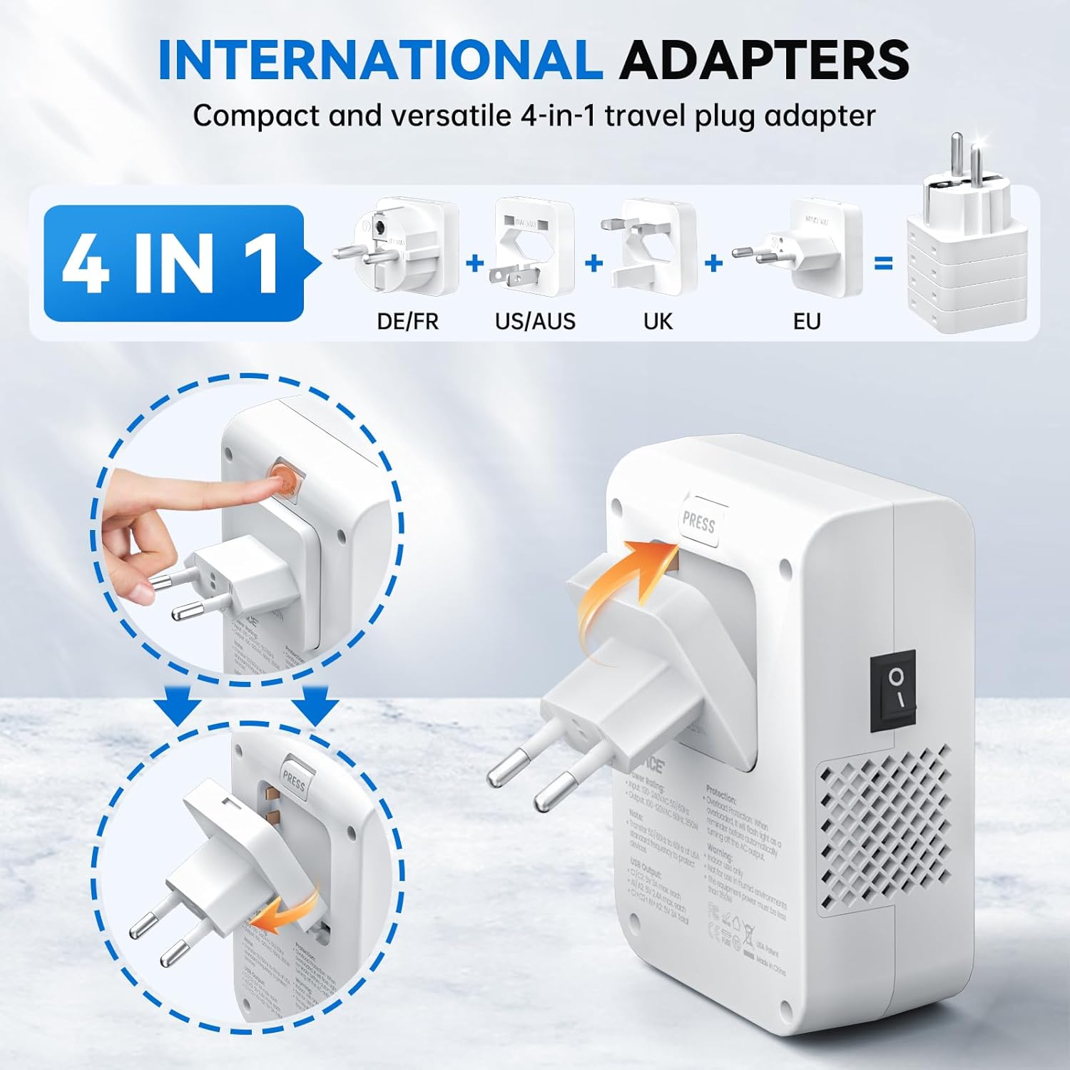 DOACE 220v to 110v converter 350W voltage converter us to europe for Hair Straightener/Curling Iron Converter for European Travel with 4-port USB Charging and UK/AU/US/EU Worldwide Plug Adapter, White - Image 4
