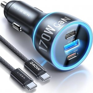 LISEN 170W Car Charger USB C Fast Charge Fast Car Charger, GaN Chip PD3.1 140W+PD30W/QC30W Cigarette Lighter USB Charger Adapter for iPhone17/16, MacBook Pro/Air, Laptop, Samsung S25/S24