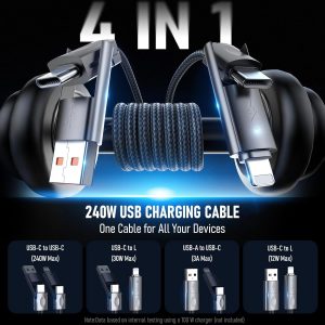 4 in 1 Charging Cable,240W USB to USB C Cable 10 ft,Fast Charging Multi Charger Cord with Type C/USB A/L Port for iPhone 16/15/14 Series MacBook iPad Pixel Samsung Switch PS5 Tablet and More