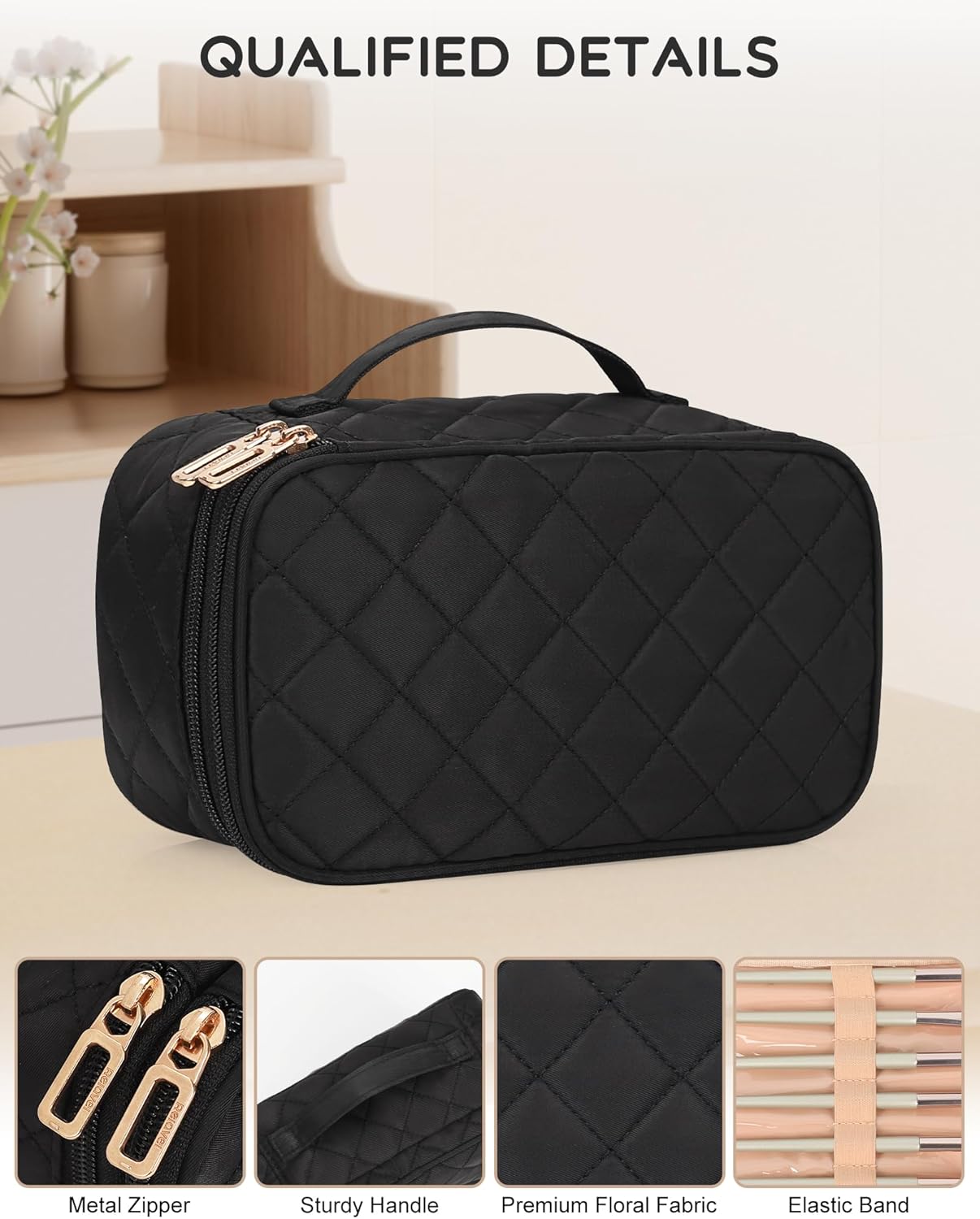 Relavel Makeup Bag, Small Makeup Bag for Women, Travel Cosmetic Bag, 2 Layers Waterproof Makeup Organizer Storage with Makeup Brush Holder, Black - Image 3