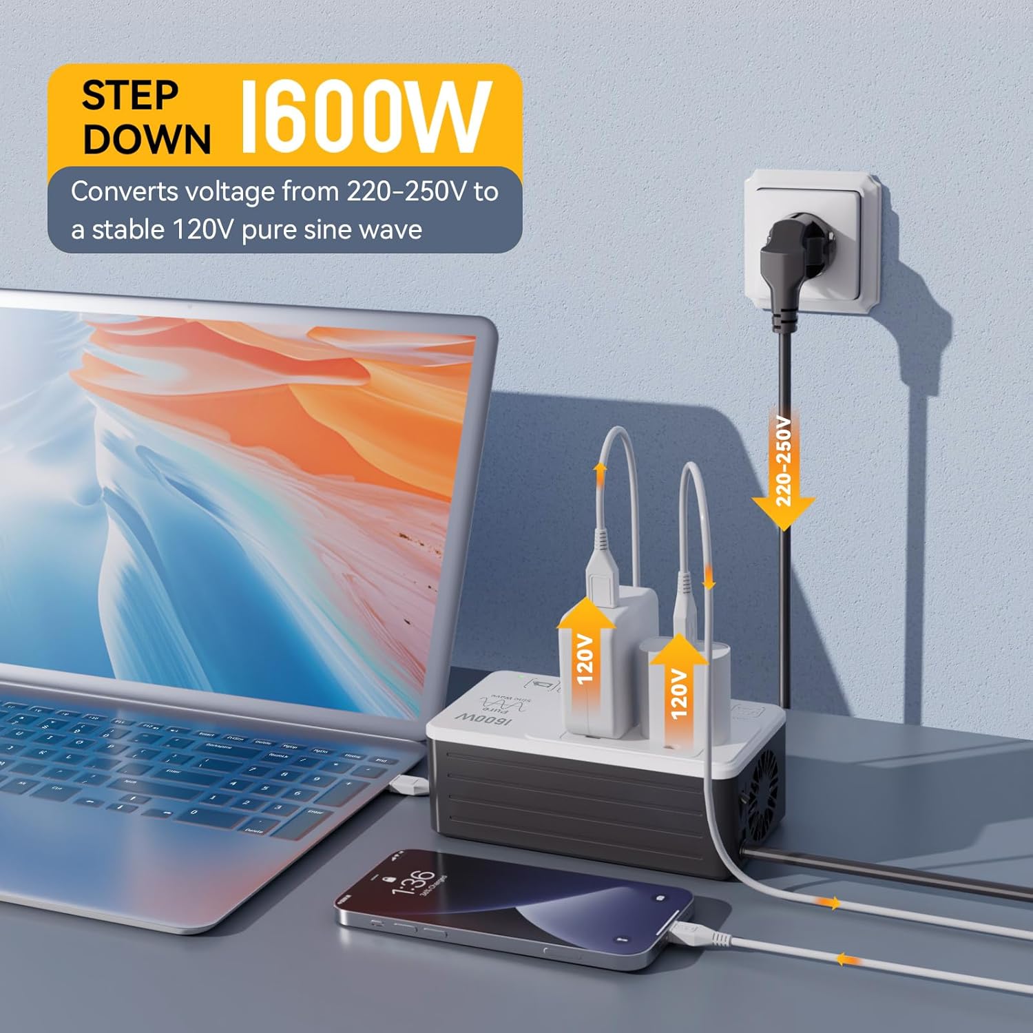 1600W 220V to 110V Voltage Converter, Universal Power Plug Adapter Voltage Converter US to Europe International Travel, Power Any American Appliances in 220-250V, Plug & Play, No Limitations - Image 4