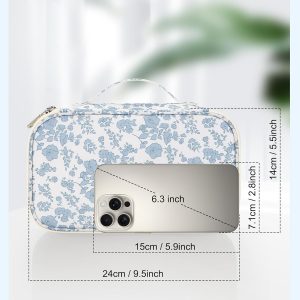 Relavel Travel Makeup Bag, Small Floral Cosmetic Bag with Makeup Brush Compartment, Portable Makeup Pouch for Women, Double Layer Makeup Organizer Bag Cute Toiletry Bag