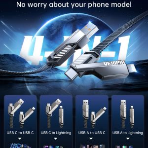 [Upgraded] 4-in-1 USB C Cable 60W 5FT Lightning Cable Fast Charging Flat Nylon Braided for iPhone iPad Charger Cord [480Mbps Data Sync] Multi Charge Wire Combo with Lightning/Type C/USB A Port