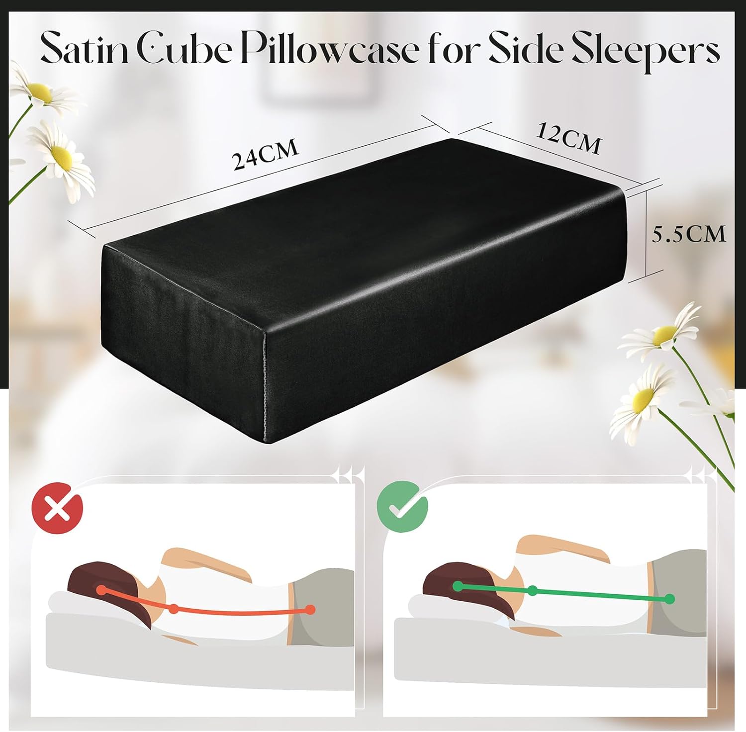 VACVELT Satin Cube Pillow Case for Side Sleepers, Black Satin Pillowcase Cube Pillow Cover with Hidden Zipper, Silky and Smooth Satin Pillow Case for Cube Pillow (24"x12"x5.5") - Image 8