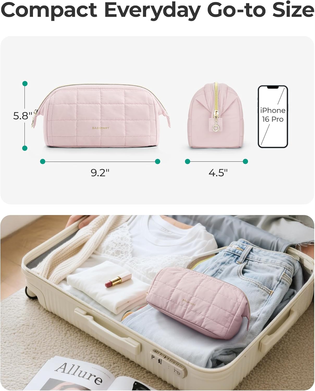BAGSMART Makeup Bag Travel Toiletry Bag, Puffy Padded Make Up Bags for Women Makeup Organizer Case, Wide-open Pouch Purse Travel Essentials Toiletries Accessories Brushes, Pink - Image 6