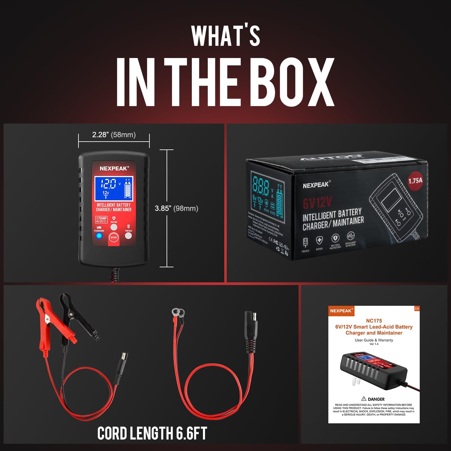 1.75-Amp Car Battery Charger, 6V and 12V Smart Fully Automatic Battery Charger Maintainer, Trickle Charger, Battery Desulfator for Car, Lawn Mower, Motorcycle, Boat, Marine Lead Acid Batteries - Image 7