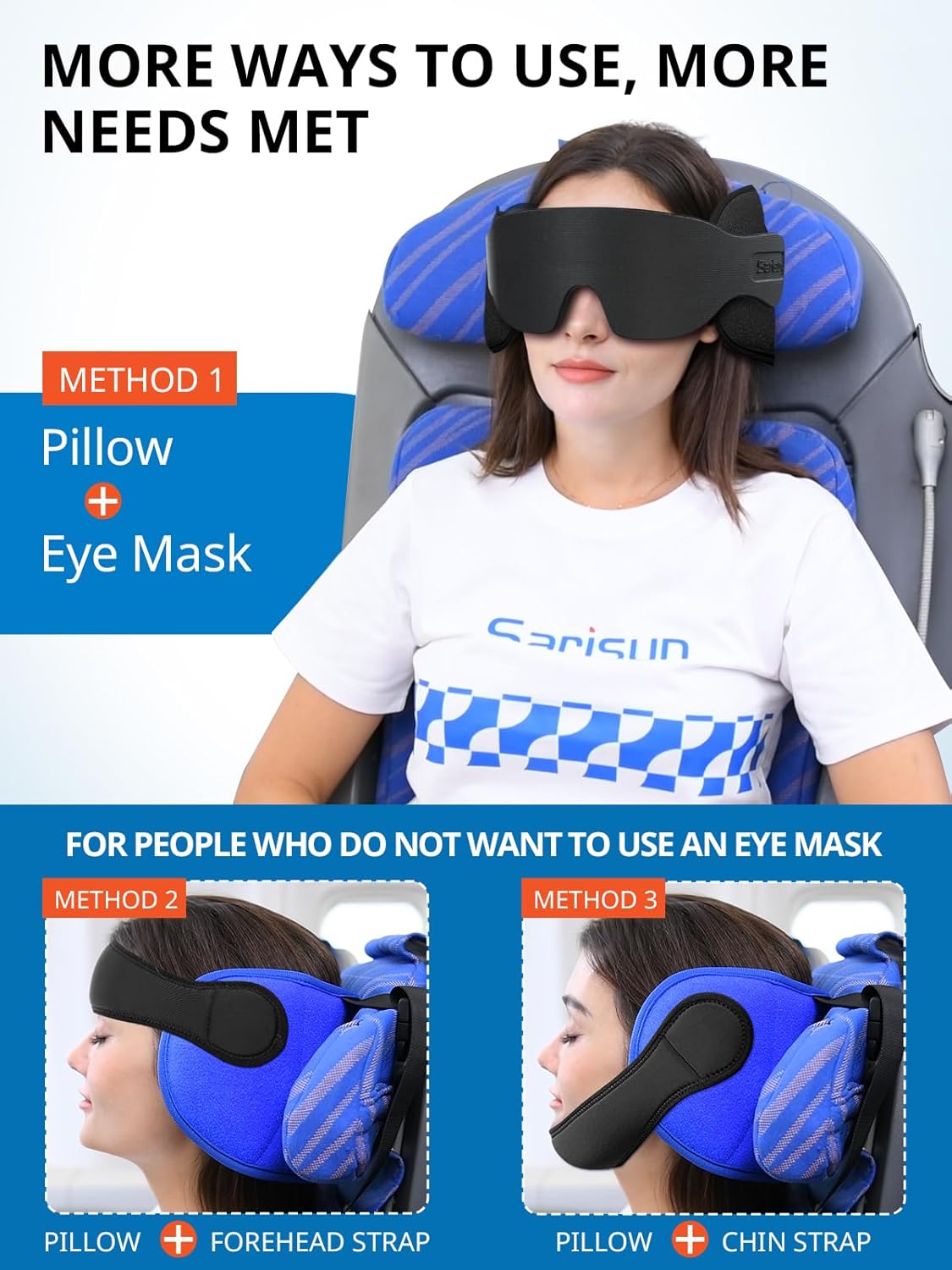 Airplane Pillow Combo with Chin Strap, Travel Pillows for Airplanes with Sleep Eye Mask, Plane Pillow for Long Flights, Car Road Trip, 360° Headrest, Stop Bobblehead, Black - Image 2