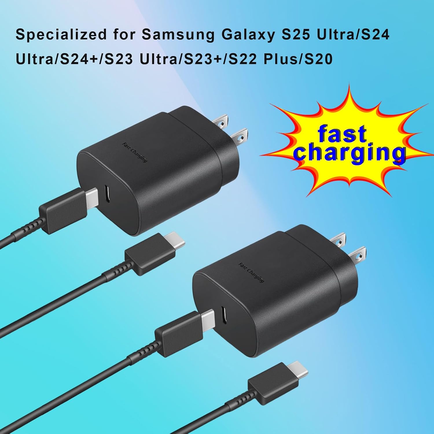 2-Pack Fast Type C Charger, Type C Charger Fast Charging Block with 4FT USB C Cable Compatible with S24U/S23/S22/S21/S20/i Phone 16/15 (Black) (for Samsung 25W) - Image 2