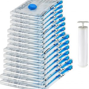 Amazon Basics Vacuum Compression Space Saving Storage Bags with Hand Pump for Clothes Packing, Pack of 15, Multiple Sizes, White