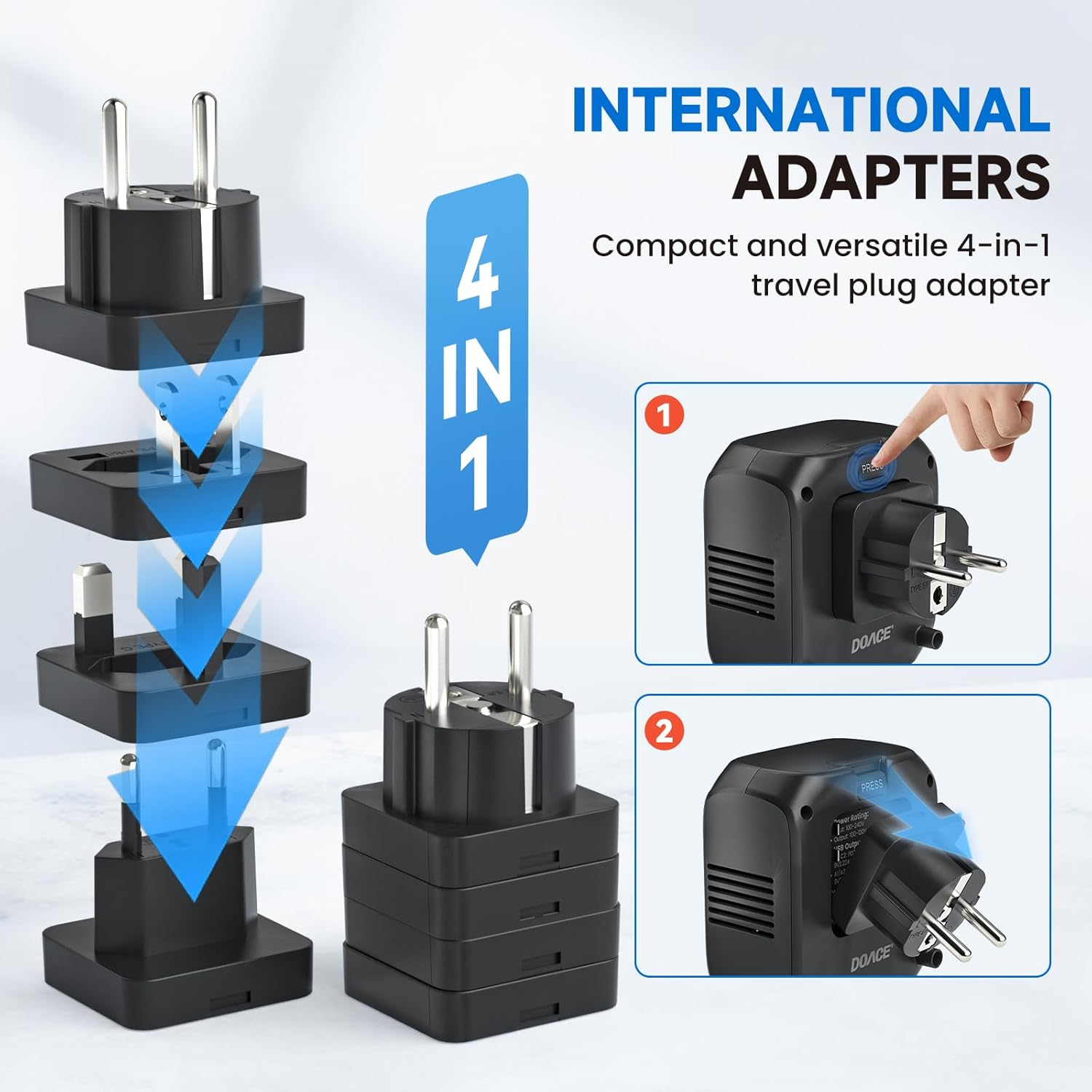 DOACE 220V to 110V Voltage Converter US to Europe, 2000W Travel Voltage Converter for Hair Dryer Straightener Curling Iron,10A Power Adapter with PD20W 2USB and UK/EU/AU Plugs, Black - Image 6