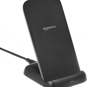 Amazon Basics 10W Qi Certified Wireless Charging Stand, for Phone 16/15/14/13/12/11/X, Samsung, and More, with USB Cable (No AC Adapter), Black