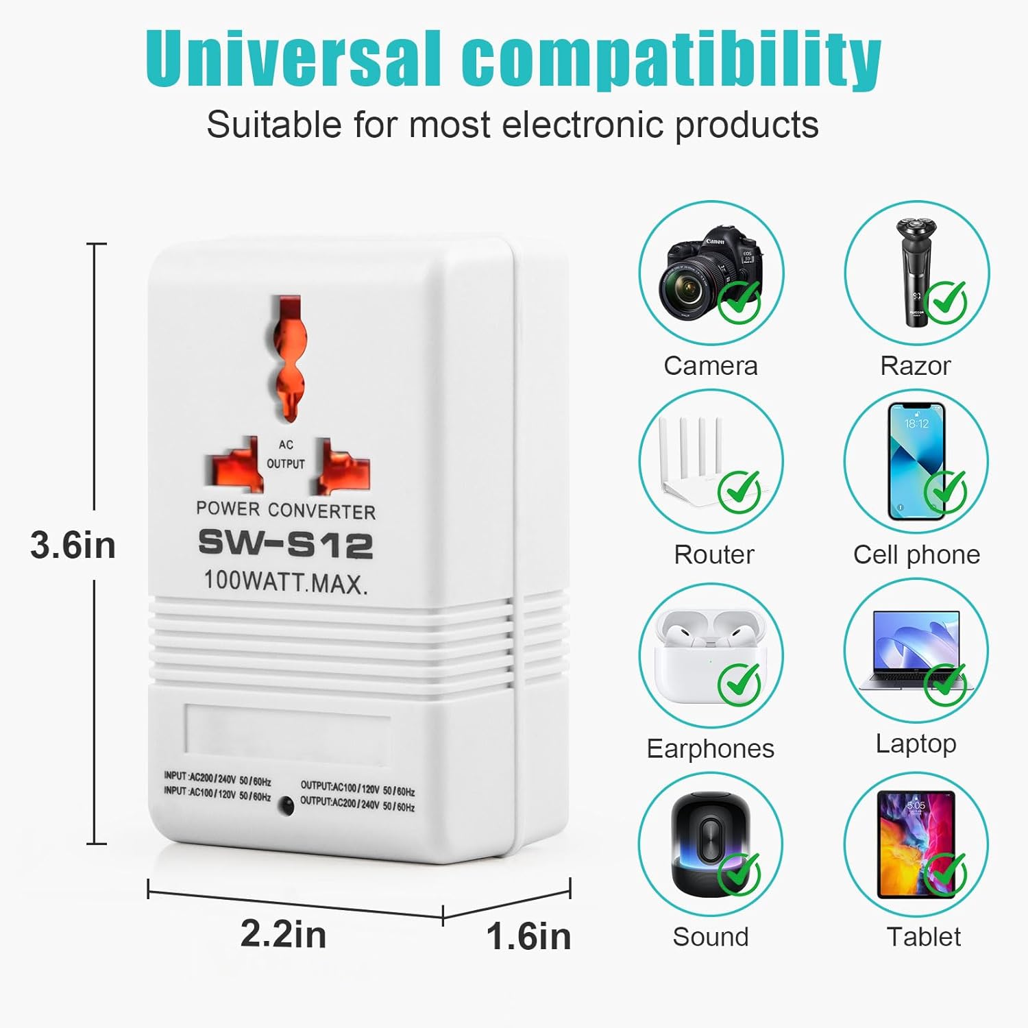 Voltage Converter 110V to 220V Step-Up & Step-Down Power Two-Way Conversion Voltage Converter Transformer for Travel, RV, and Camping (100W-White) - Image 2