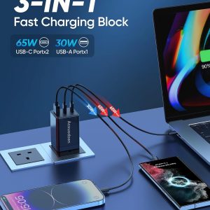 [2 Pack] USB C Charger Block 160W, 3-Port GaN Super Fast Charger, Dual 65W Type C Charging Block, Foldable QC3.0 Laptop Fast Charging Adapter for MacBook, iPhone, Samsung, Galaxy, iPad, Android, Black