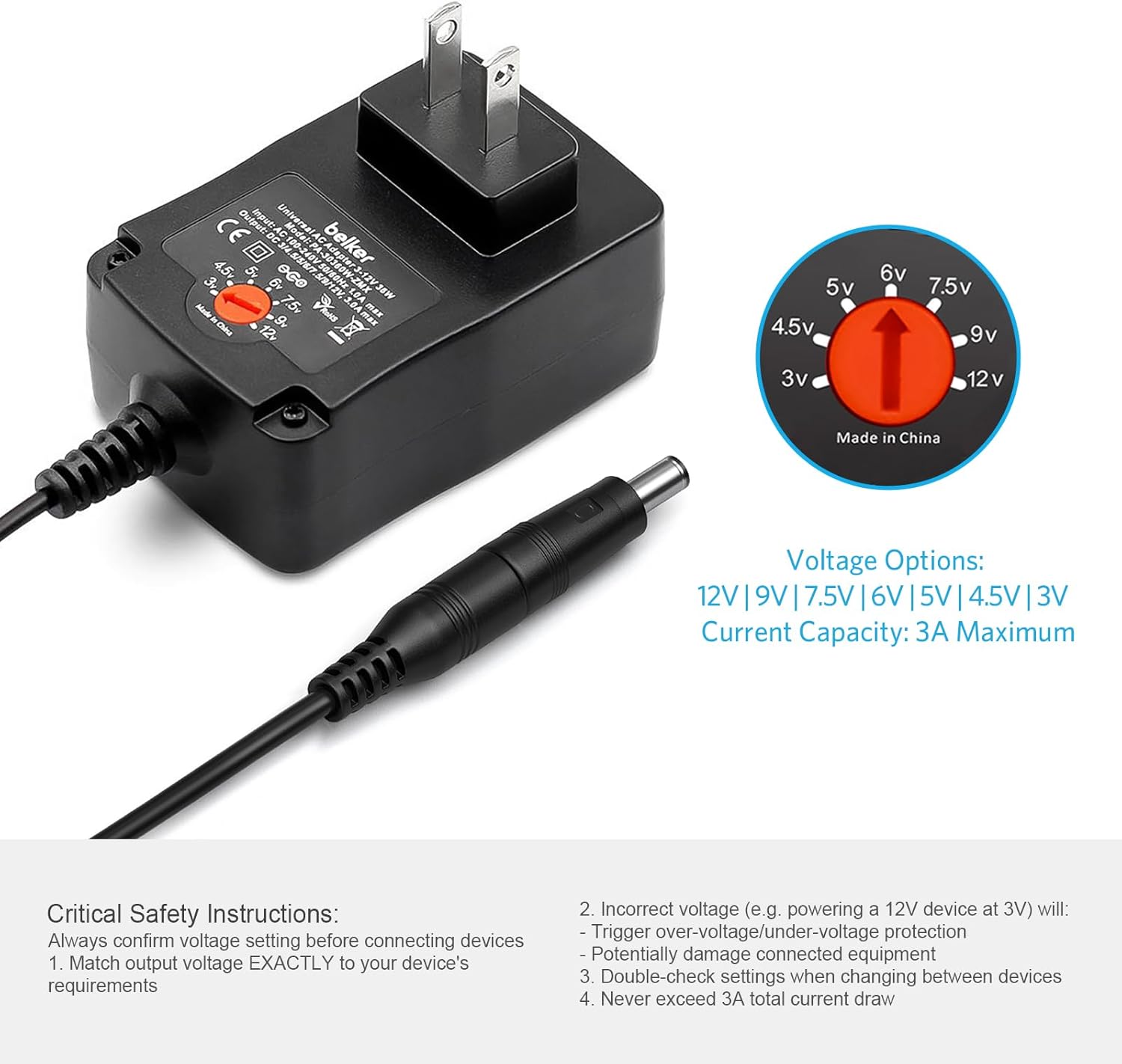 Belker 36W Universal 3V 4.5V 5V 6V 7.5V 9V 12V AC DC Adapter Power Supply for LCD LED Light Strip Router HUB Speaker Smart Phone TV Box 1A 1.5A 2A 2.5A 3A 3000mA Amp Max. - Image 5