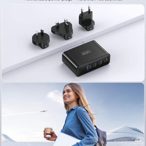 100W USB C Travel Charger, 4-Ports Foldable Travel Adapter Plug Converter with UK/EU/AU Plugs, Fast Charging for MacBook Pro/Air, iPad Pro, iPhone 15/14 Pro Max, for 45w Samsung Galaxy, Black