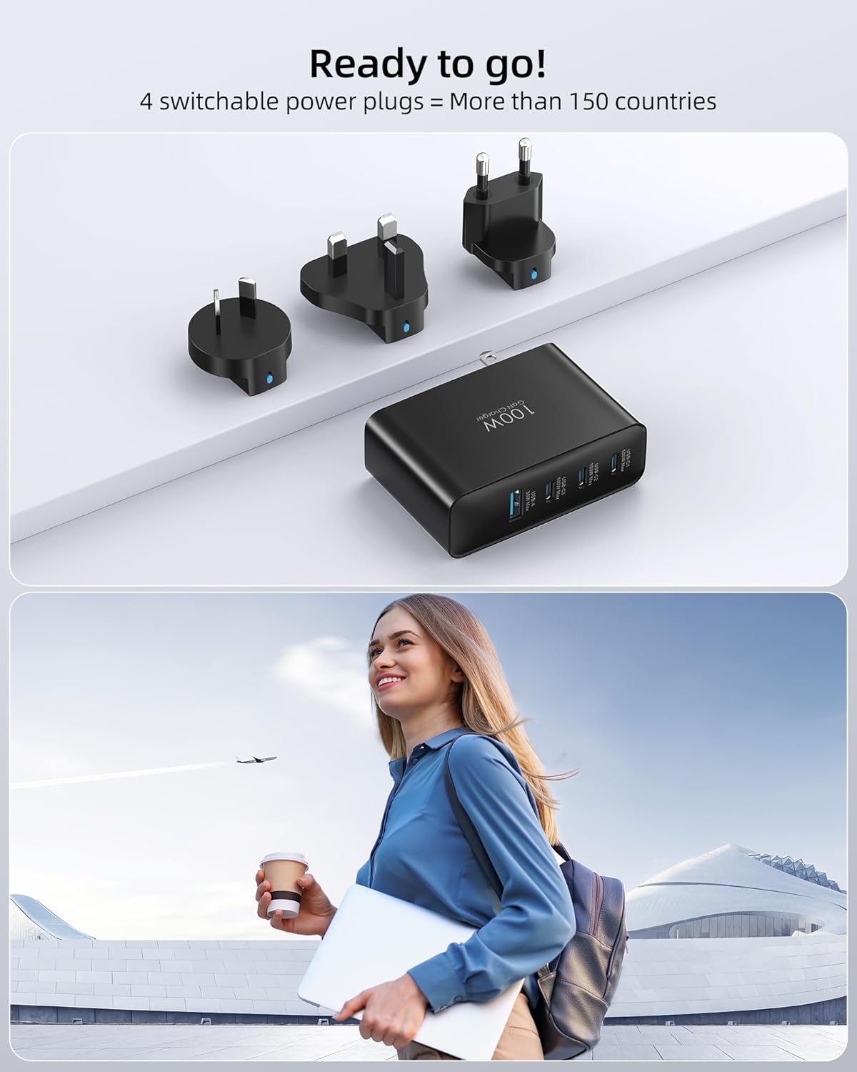 100W USB C Travel Charger, 4-Ports Foldable Travel Adapter Plug Converter with UK/EU/AU Plugs, Fast Charging for MacBook Pro/Air, iPad Pro, iPhone 15/14 Pro Max, for 45w Samsung Galaxy, Black - Image 2