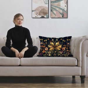 Exqcom Vintage Moody Floral Bumblebee Pillow Covers 12×20, Dark Academia Room Decor, Dark Cottagecore Botanical Wildflower Honey Bee Decorative Lumbar Pillow Covers for Home Bedroom Living Room