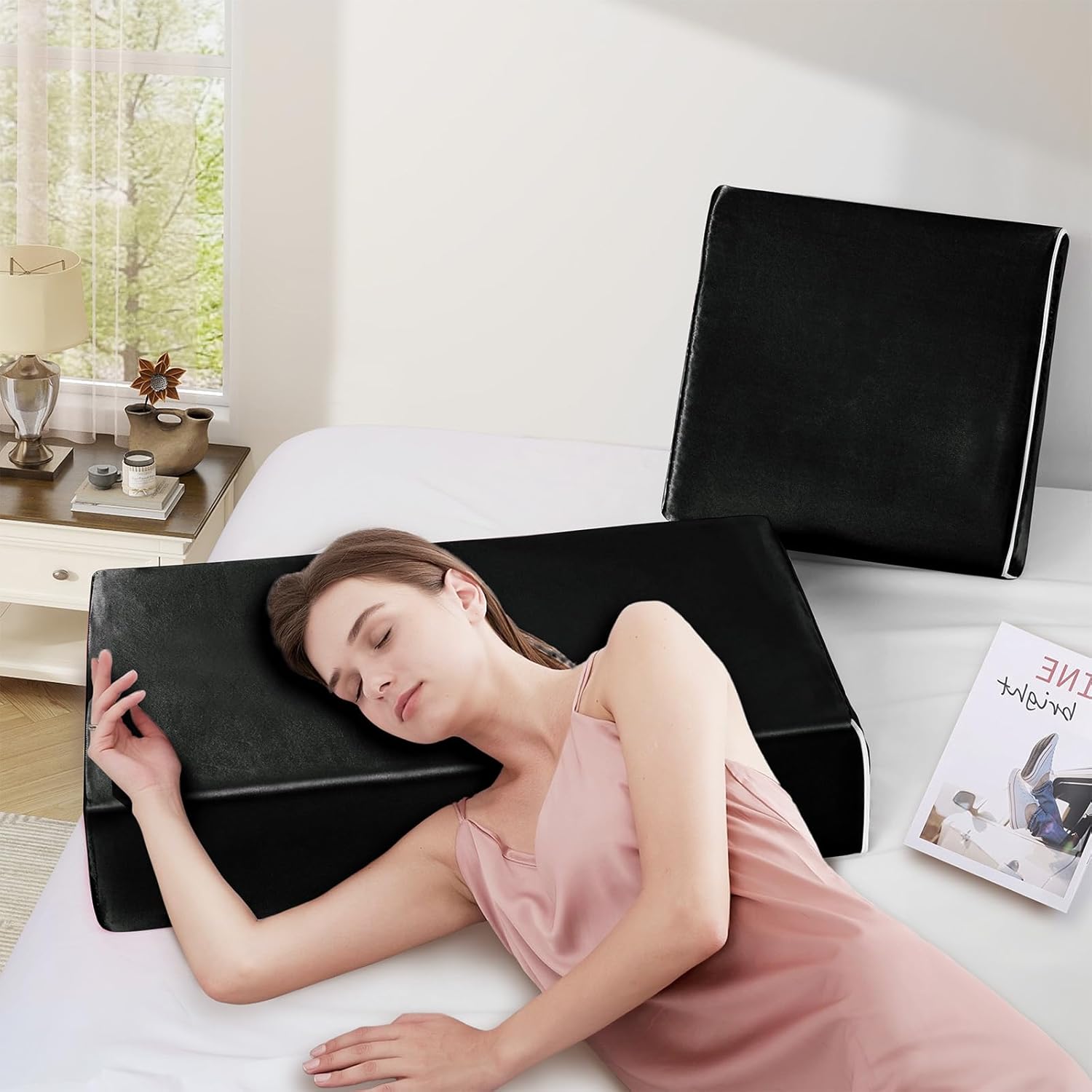 VACVELT Satin Cube Pillow Case for Side Sleepers, Black Satin Pillowcase Cube Pillow Cover with Hidden Zipper, Silky and Smooth Satin Pillow Case for Cube Pillow (24"x12"x5.5") - Image 2