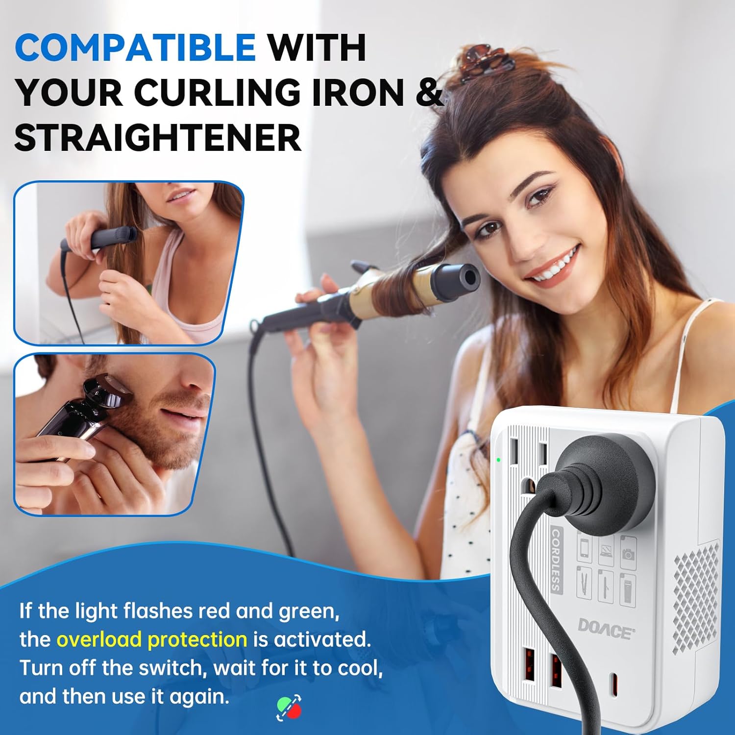 DOACE 220v to 110v converter 350W voltage converter us to europe for Hair Straightener/Curling Iron Converter for European Travel with 4-port USB Charging and UK/AU/US/EU Worldwide Plug Adapter, White - Image 5