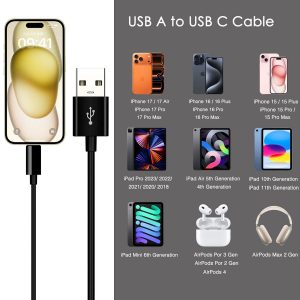 iPhone 15/16/17 Car Carplay Cable, USB A to USB C Cable for iPhone 17Air, 16E, 15/16/17 Pro Max, 15 16 Plus,iPad 10th Gen,iPad Pro 12.9/11, Air 5th/4th Gen,Mini 6th Gen Charger Cord,Car Charging Cable