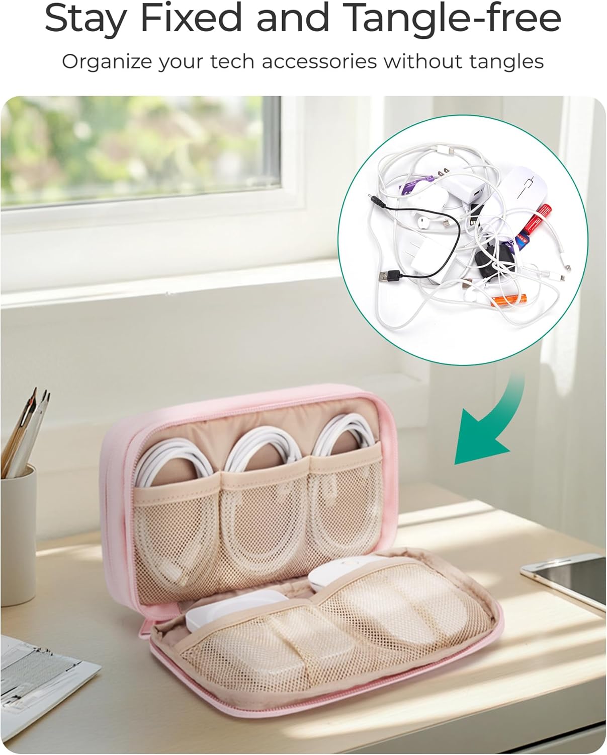 BAGSMART Electronics Organizer Travel Case, Cord Storage for Chargers Cables Phones, Compact Tech Accessories Pouch, Pink - Image 3