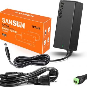 12V 5A Power Supply, AC 120V to DC12V 5.5×2.1mm Jack Converter, 12 Volt LED Driver 60W Adapter Transformer for Strip Lights, Surveillance Cameras, External HDD, Monitor, CCTV (Pack of 1)