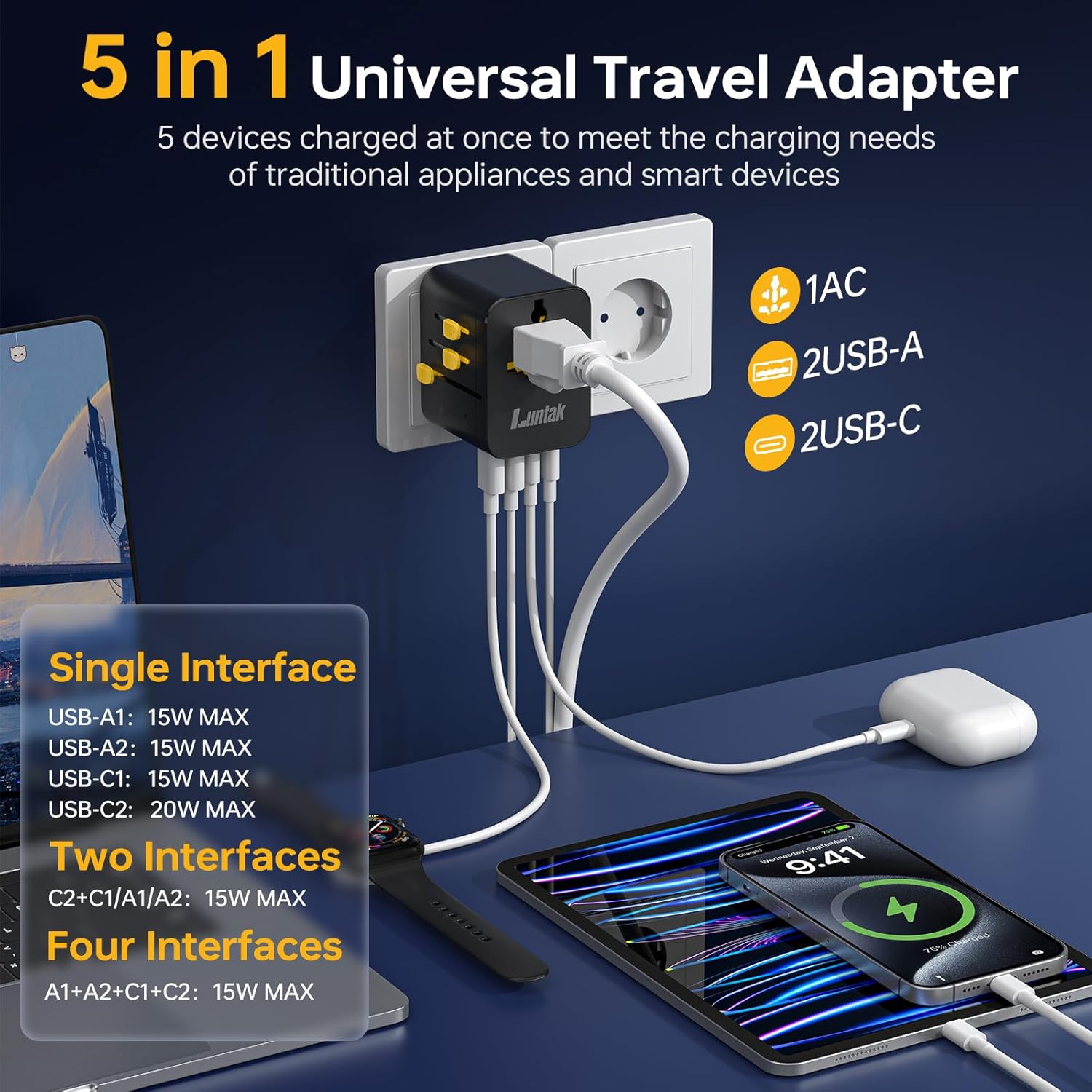 Universal Travel Adapter Worldwide,International Power Adapter with 2 USB-A&2 USB-C&1 AC Outlet,All in One European Travel Plug Adapter for EU/UK/US/AU Over 200+ Country/Region(Type A/C/G/I)-Black - Image 2