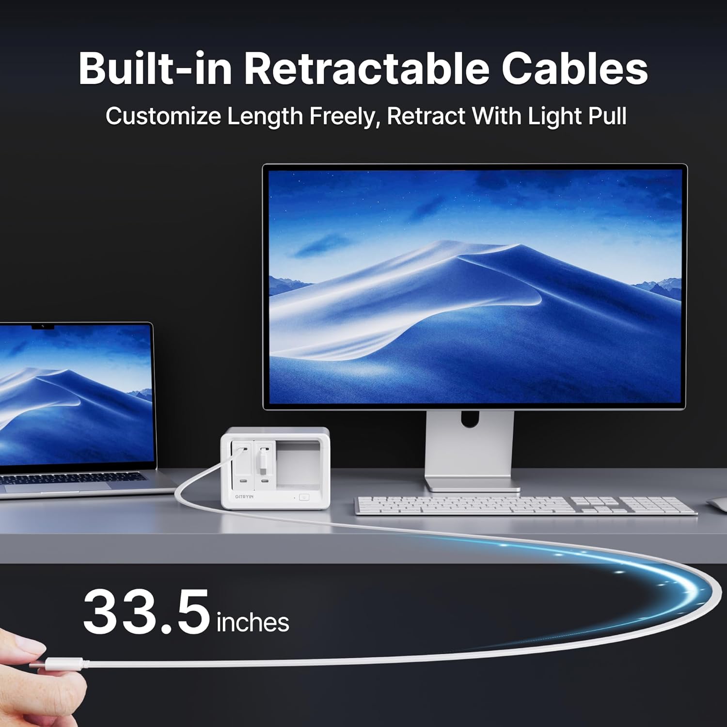 Gitryin 11-in-1 Desktop Charging Station with 3 Retractable Wall Chargers, 40W USB-C Power Strip with 5 AC, 3 USB C, 3 Type-C 33.5in Cables, Extension Cord with 1020J Surge Protection for Home Office - Image 5
