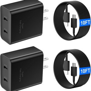 Super Fast Charger USB C, 45W Dual Port Type C Android Phone Fast Charging Block with 10FT Extra Long Cable for Samsung Galaxy S25 Ultra/S25+/S25/S24/S23 Ultra/S23+/S22+/S20/iPhone 17 16 15 Pro Max