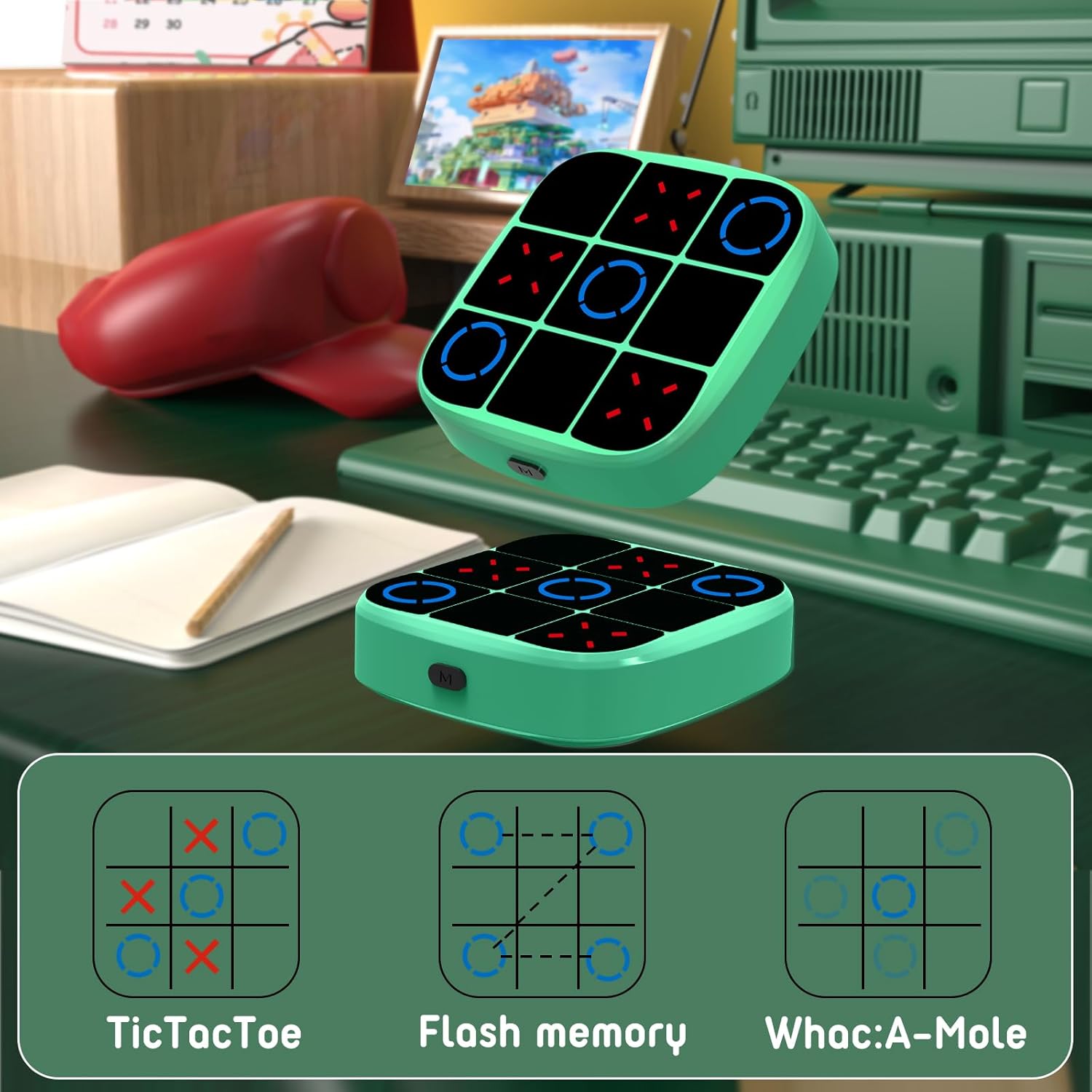 Tic-Tac-Toe Bolt Game, 4-in-1 Handheld Puzzle Games Console, Electronic Tic-Tac-Toe Game for Educational and Memory Growth, Portable Travel Games for Car Ride, Board Games for Kids and Adults (Cyan) - Image 3