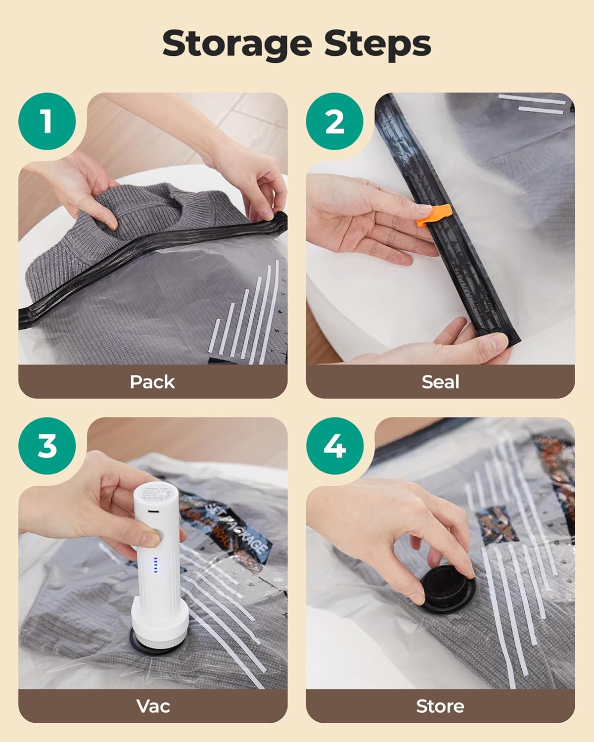 BAGSMART Rechargeable Wireless Pump Travel Storage Bags Set, 15 Pack Portable Space Saver Bags for Travel & Home, Vacuum Compression Seal Bag for Clothing, Blanket, Duvets- 15pcs - Image 6