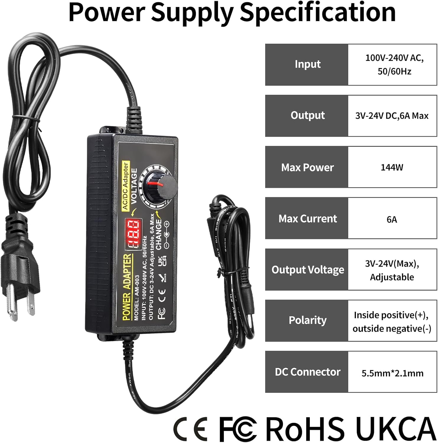 144W Adjustable Power Supply Adapter 3V~24V 6A Universal Variable Switching Power Adapter 100V-240V AC to DC Converter Transformer with 14 Tips&Polarity Converter3V 5V 6V 9V 12V 15V 16V 18V19V20V24V - Image 6