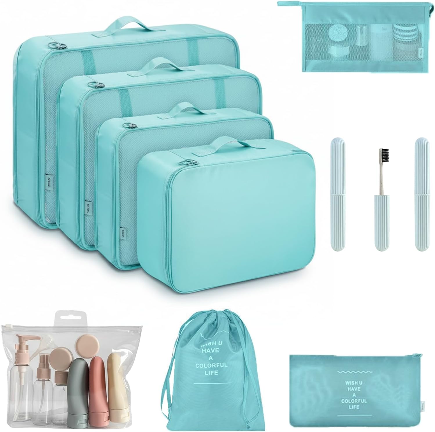 11 Set Packing Cubes for Travel,Gifts for Women Mom,Anti-Tearing Suitcase Organizer for Luggage with Shoe & Hanging Toiletry Bag, Toiletries Travel Bottles, 3 Portable Toothbrush Cases
