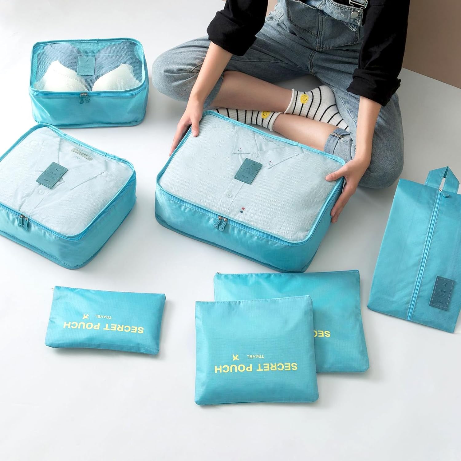 INVODA 7 piece Multi-size Packing Cubes for Travel Suitcase Organizer Bags Lightweight Travel Bags (Sky Blue) - Image 8