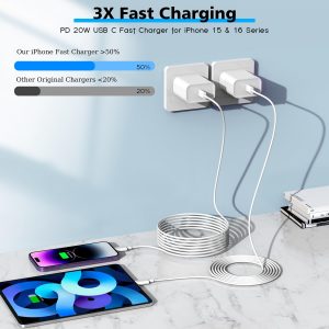 [Apple MFi Certified]Long 10Foot USBC to USBC Cable Fast Charging for iPhone 17/16e/15,3Pack 20W Fast Apple Phone Charger Block 10FT Type C Cord for iPhone 17 Air/17/16/15 Pro/Pro Max/iPad Pro/AirPods
