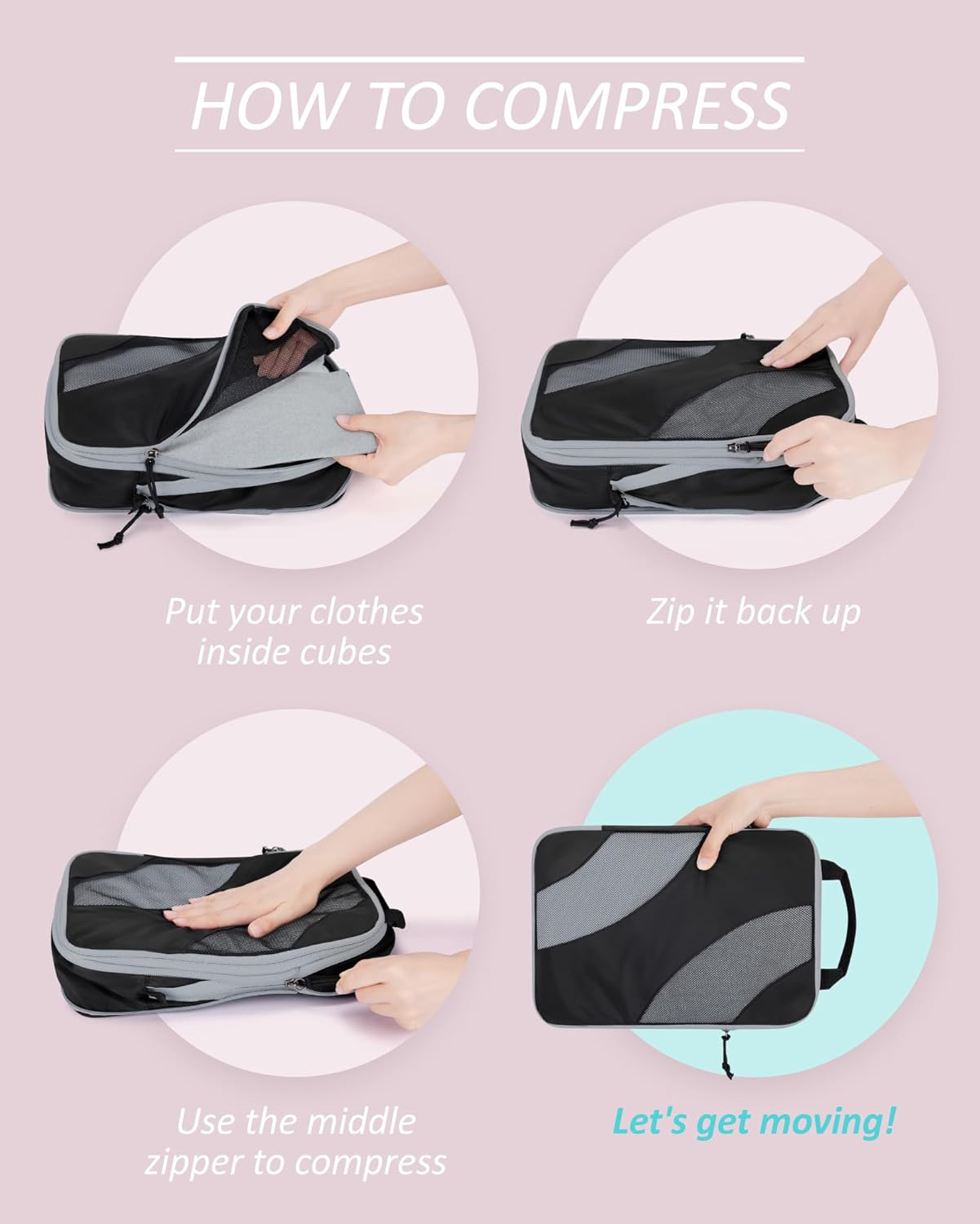 BAGSMART Compression Packing Cubes, 6 Set/4 Set/2 Set Travel Packing Cubes for Carry on Suitcases, Compression Suitcase Organizers Bag Set & Travel Cubes for Luggage, Lightweight Packing Organizers - Image 4