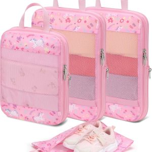 Kids Packing Cubes Compression – 4 Set Travel Packing Cube for Carry On Suitcase and Backpack, WaterProof Luggage Organizer Bag Set with Shoe Bag for Girls (Pink Unicorn)